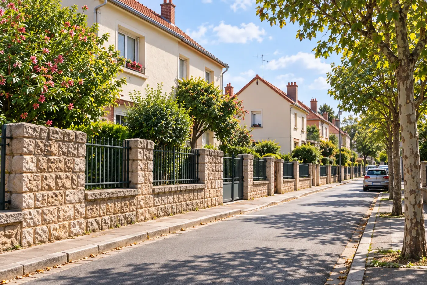 Rue pavillonnaire d'Orly bordée de murets en meulière et de platanes